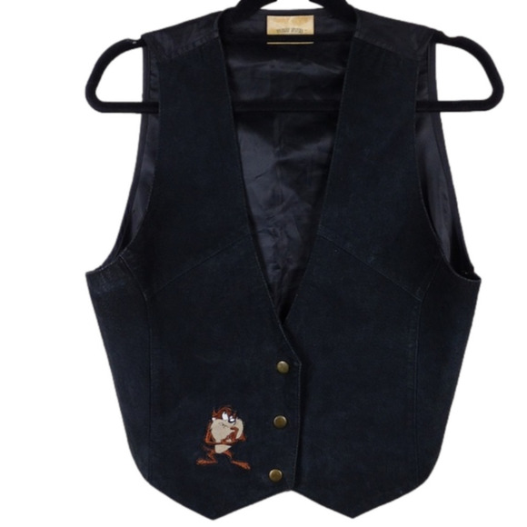 Warner Bros. Other - Looney Tunes Vintage 90's Tasmanian Devil Black Suede Leather Snap Front Vest